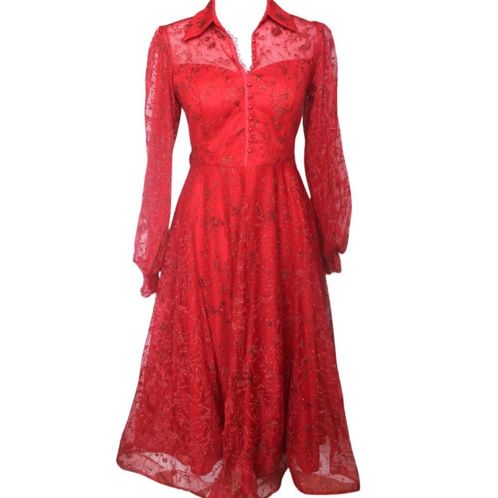 Red Glitter Midi A-Line Long Sleeve Dress with belt Christmas/New Year's Party